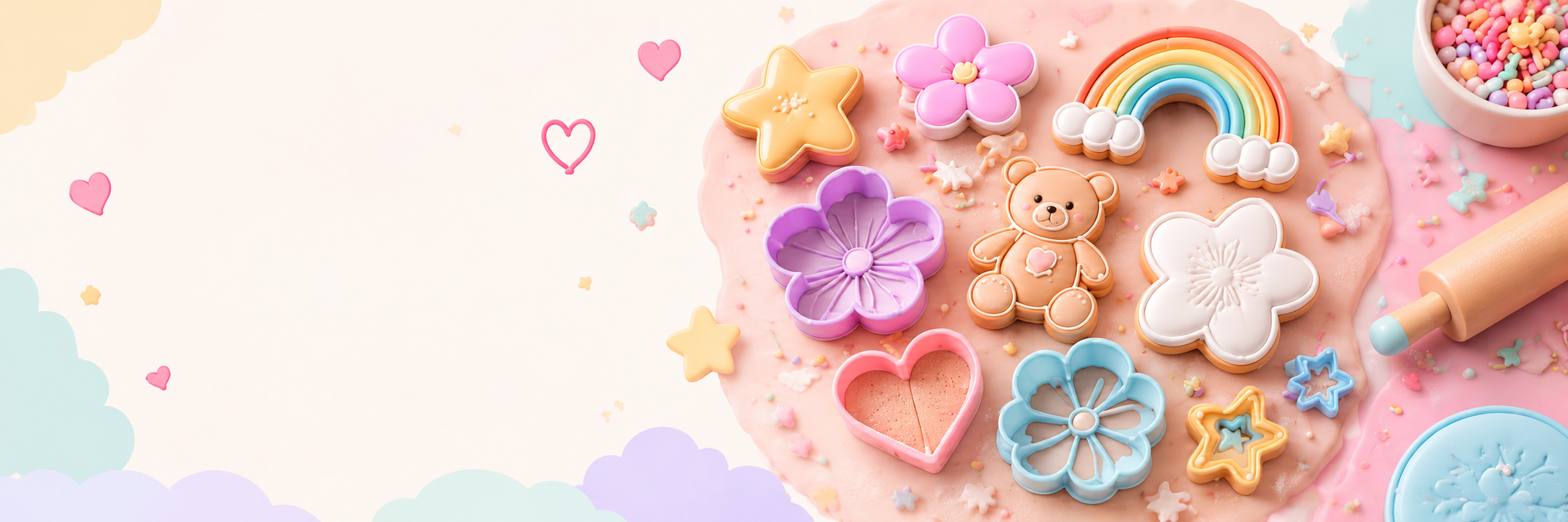 Pastel cookie cutters, a rainbow, flowers, a bear, and baking decorations