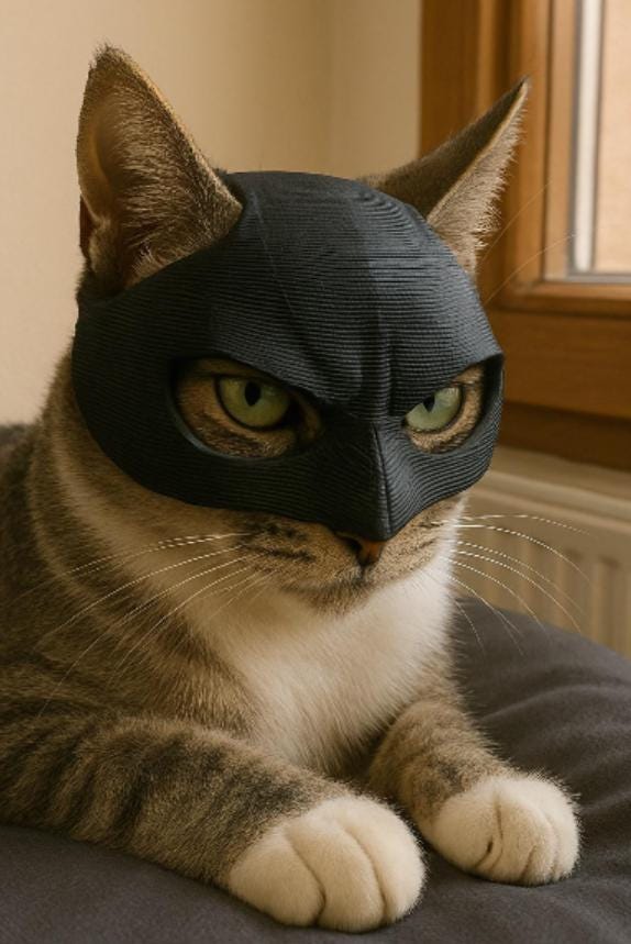 A tabby cat wearing a black mask, resembling a superhero. The cat has green eyes and white whiskers. The mask covers the cat's eyes and forehead, with a textured surface. The cat is sitting on a gray surface.