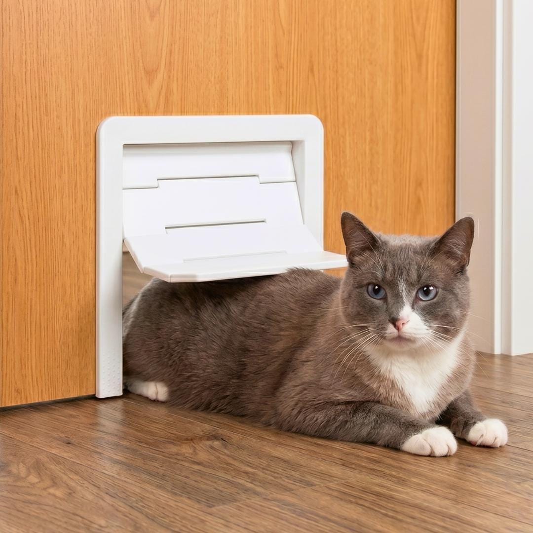 A white cat door installed in a wooden door. A gray and white cat is lying on the floor in front of the door, looking at the camera. The cat door has a hinged flap.
