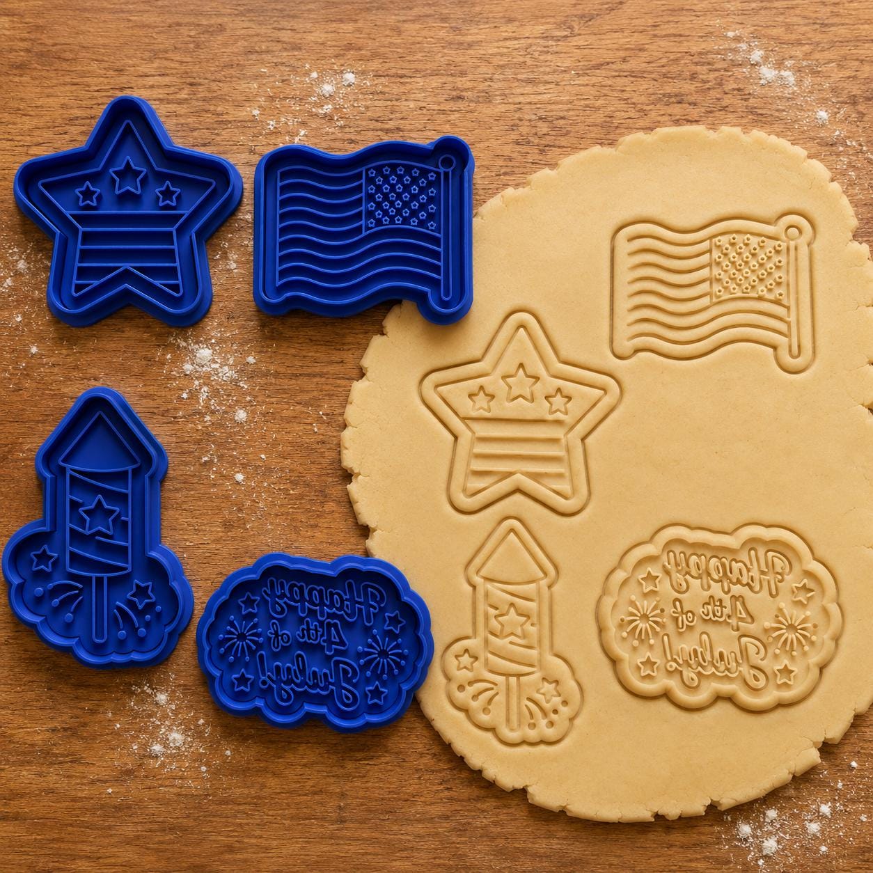 Blue plastic cookie cutters in star, flag, and firework shapes sit next to a rolled-out dough with matching impressions. The dough also has an impression that says "Happy 4th of July".